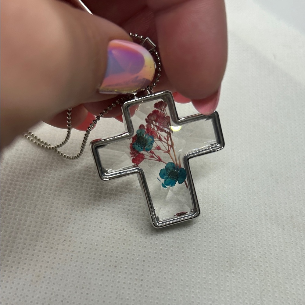 Silver Cross Pendant Necklace with Dried Flowers